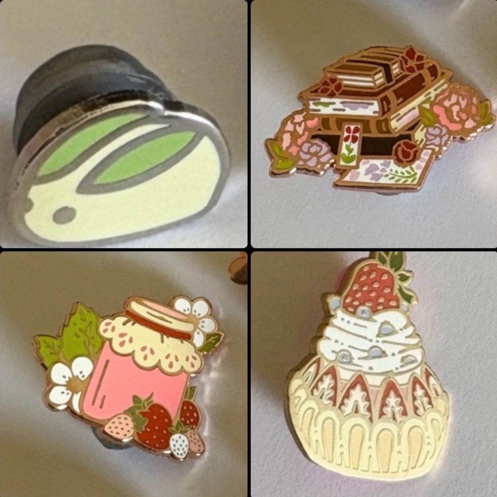 Bunny, Books, Jam and Dessert enamel pins